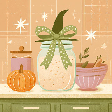 Cute witch hat on glass jar with sourdough starter and pumpkin cozy halloween kitchen counter illustration