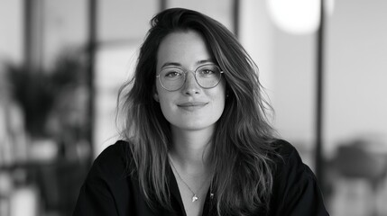 Fototapeta premium Woman wearing stylish wire-rim glasses smiles softly while sitting indoors in a brightly lit modern office space.