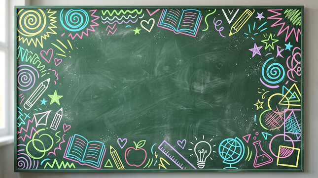 School blackboard decorated with colorful chalk doodles of educational icons blackboard education classroom