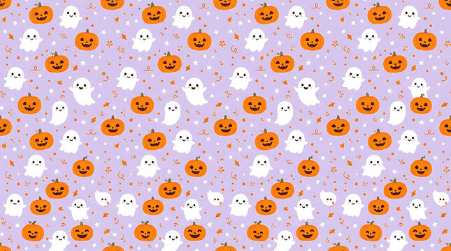 Seamless halloween pattern with ghosts and jackolantern pumpkins