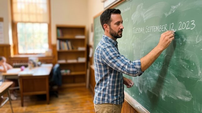 Educator Writing the Date on a Classic Green Chalkboard in a Traditional School Classroom Setting