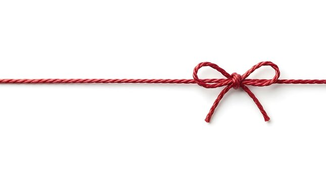 Red rope tied in a simple bow knot on a thin horizontal string for a holiday gift package decoration