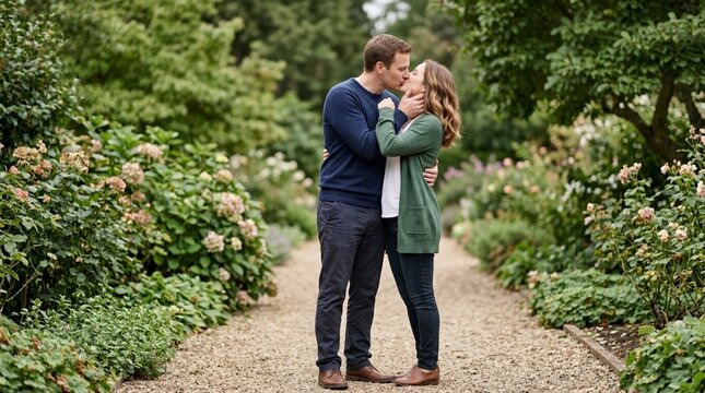 Romantic couple kissing on a gravel path in a lush garden. Man and woman embracing outdoors surrounded by green plants and flowers. Passionate relationship concept