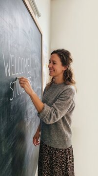 Educator Writing a Warm Welcome Message on a Traditional Blackboard