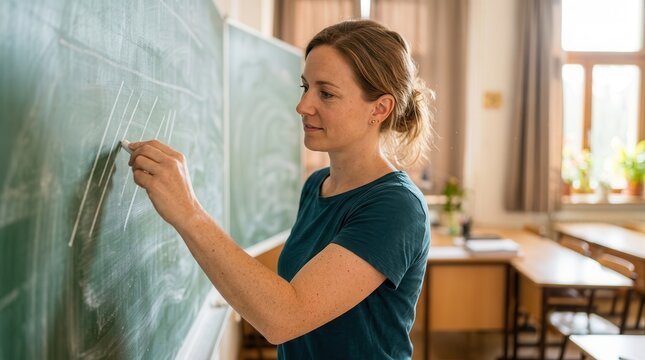Educator Writing Thoughtful Lessons on a Traditional Classroom Chalkboard