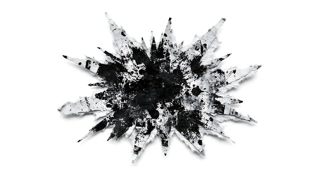 Black ink splatter star shape made with artistic paint brush strokes and messy liquid drip textures