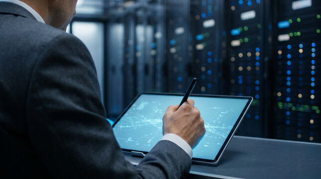 It professional using digital tablet in server room data center with technology