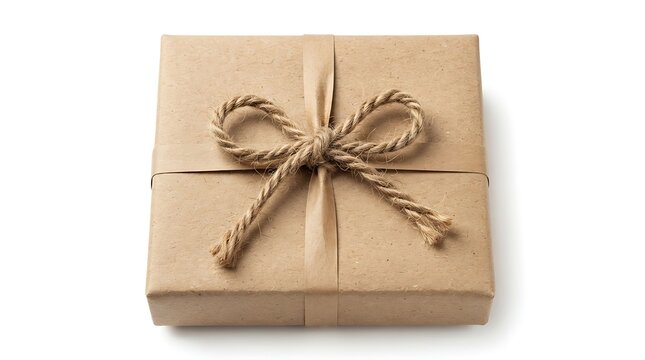 Square gift box wrapped in brown craft paper with a rustic jute twine string bow tied on top center