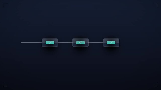 Animated enterprise approval workflow concept with task cards moving through checkpoint gates on a dark technology background