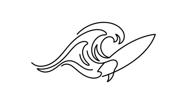 Minimalist line art of a surfer riding a wave on a surfboard.