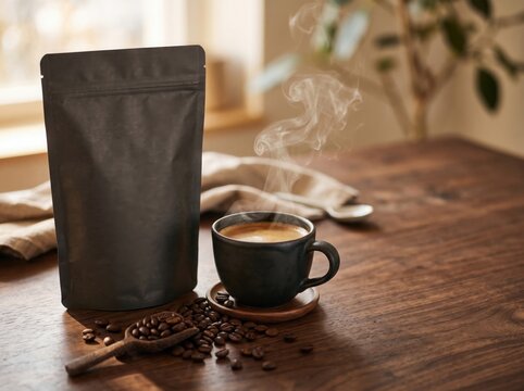 Black coffee pouch packaging with a steaming cup of hot espresso and roasted coffee beans on a rustic wooden table in a cozy kitchen