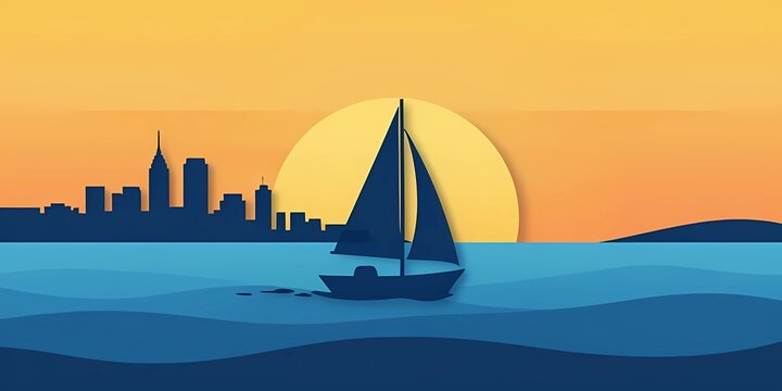 Paper cut style sailboat sailing on sea with city skyline sunset background