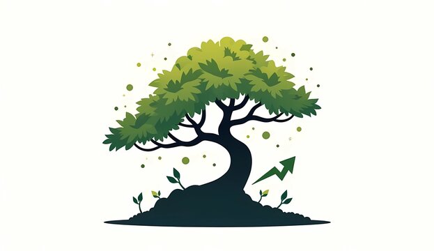 Green bonsai tree vector illustration with growth arrow icon