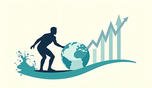 Surfer riding wave with earth globe and financial growth chart illustration