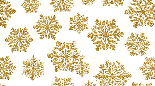 Golden glitter snowflakes sparkling in a seamless pattern isolated on transparent background