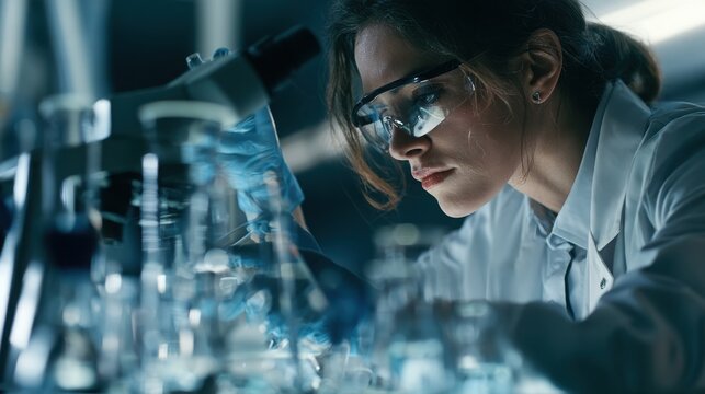 Female researcher in protective eyewear looks focused while analyzing glass labware under cool blue atmospheric lighting.