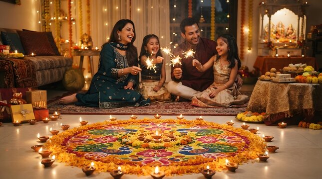 Happy indian family celebrating diwali festival at home with rangoli and sparklers