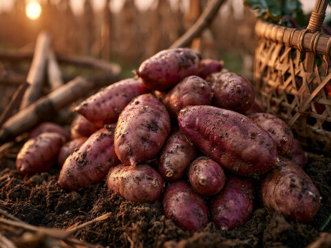 Freshly harvested purple sweet potatoes on dark autumn soil with rustic bamboo baskets and wooden tools, bathed in warm golden hour light with cinematic amber tones. Features shallow depth of...