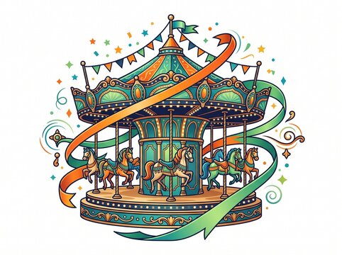 Colorful Vintage Merry-Go-Round Carousel Illustration with Ornate Details and Decorative Ribbons