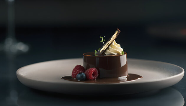 Gourmet Chocolate Mousse Cake with Gold Leaf and Fresh Berries Fine Plating