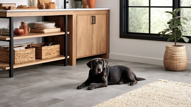 A black Labrador dog rests on a gray tiled floor near a wooden kitchen island and large window