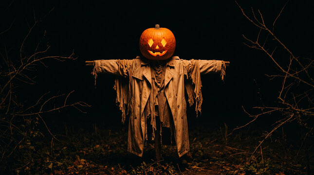 Scary Halloween scarecrow with a glowing jack-o-lantern head standing in a dark forest