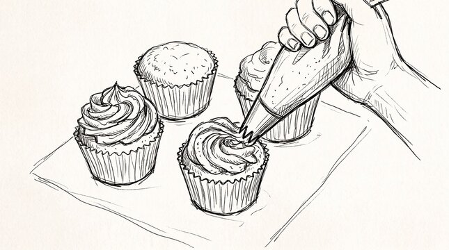 Piping bag decorating cupcakes hand drawn sketch illustration for bakery and baking recipes