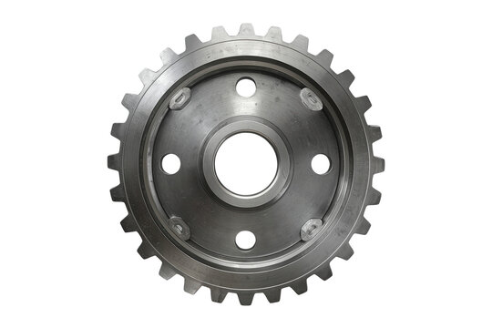 Silver gray industrial gear with circular mounting holes