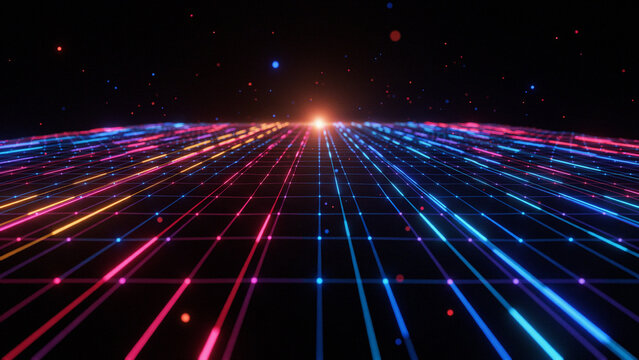 Futuristic Digital Grid Landscape with Glowing Data Stream Lines and Central Light Source