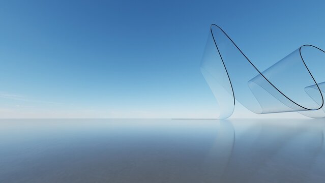 Abstract architecture background, Transparent glass ribbon sculpture with looping curves on reflective floor, Scene for car presentation, Modern Exterior, 3D rendering