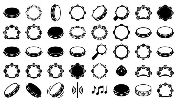 Tambourine percussion musical instrument icon vector set including various hand drums jingles notes and shaking motion symbols