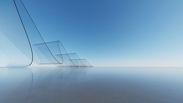 Abstract architecture background, Transparent glass ribbon sculpture with descending loop curves on reflective floor, Scene for car presentation, Modern Exterior, 3D rendering