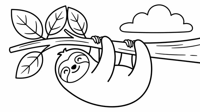 Cute sloth hanging on a tree branch coloring page illustration for kids.