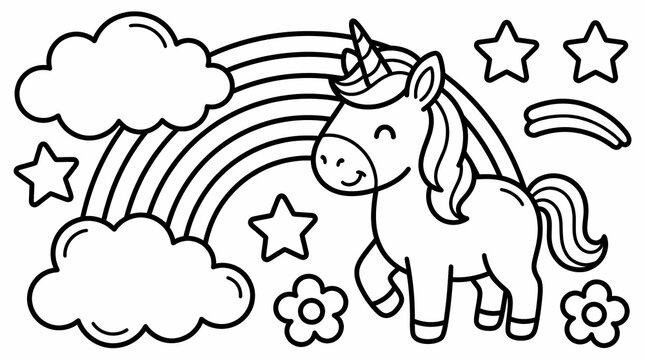 Cute unicorn standing before a rainbow and clouds in a simple line art coloring page for kids.