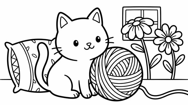 Cute cartoon cat sitting beside a ball of yarn and a pillow, line art coloring page for kids.