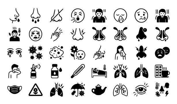 Allergy and flu symptoms line icon vector set illustrating runny nose sneezing coughing virus infection fever and medical treatment signs 