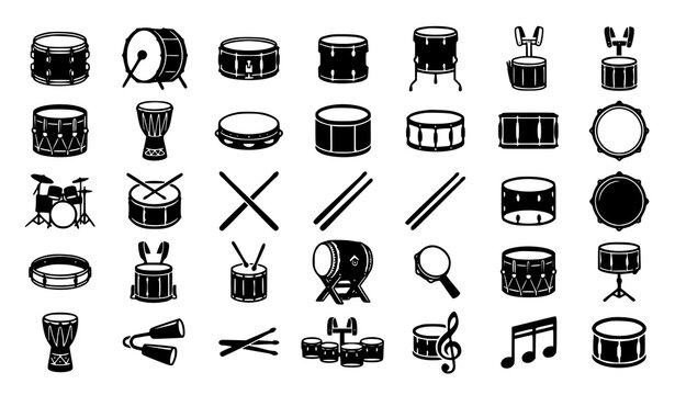 Drum kit percussion musical instrument vector icon set showcasing acoustic snare bass drums sticks cowbell and musical notes