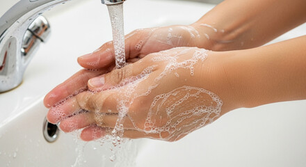 Fototapeta premium a person washes his hands using soap and running water under the sink faucet