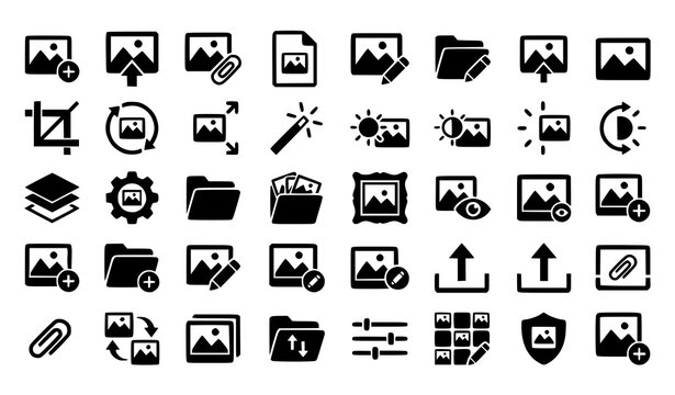 Photo gallery app management and image editing vector icon set featuring layers upload crop folders settings and adjustment tools
