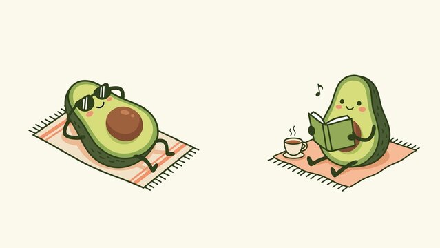 Cute kawaii avocado character set sunbathing with sunglasses and reading book with coffee flat vector illustration
