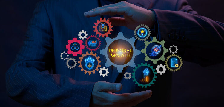 Businessman open hands supporting glowing gear wheel mechanism containing Personal Growth central text and icons. Corporate human resource training, career progression, and development concept.
