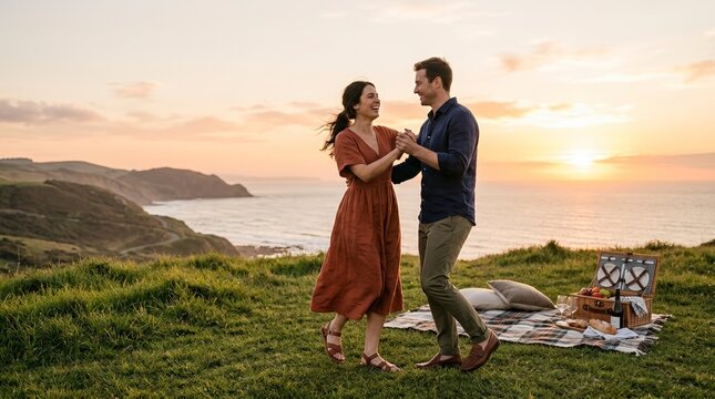 Romantic couple dancing at sunset on a grassy cliff by the ocean. Happy man and woman enjoying a picnic date outdoors