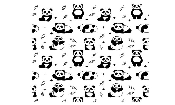 Cute Panda Character Pattern Vector Illustration, Black and White Bear Faces Seamless Animal Design Background Set