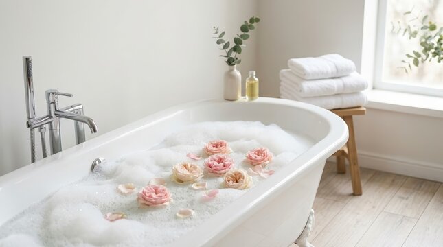 Relaxing bubble bath with floating pink roses. Minimalist spa bathroom with clean white towels and eucalyptus. Self care concept