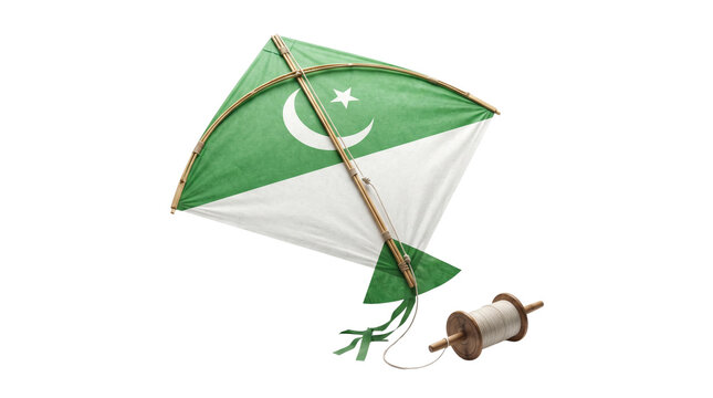 Pakistan flag kite with wooden spool, traditional green and white paper kite for Basant festival, national day celebration kite isolated PNG with Transparent Background