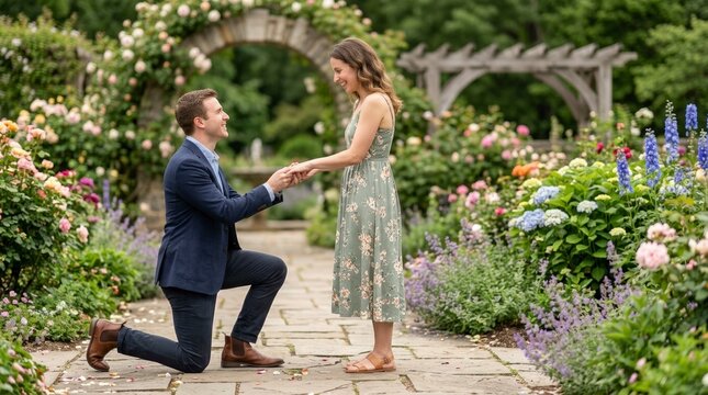 Man proposing to woman on one knee in a lush rose garden. Romantic marriage proposal with colorful flowers and stone archway. Engagement concept