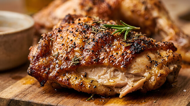 Close-up of a perfectly roasted chicken thigh with crispy skin, seasoned with rosemary and black pepper, on a wooden board.