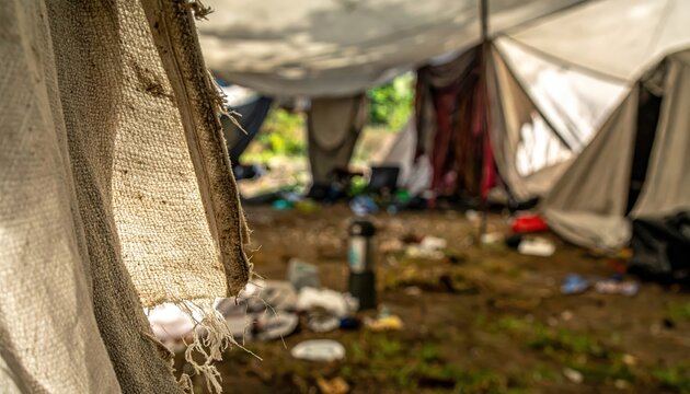 Chaotic and dirty makeshift camp with torn tent fabric and scattered debris, evoking themes of poverty and homelessness