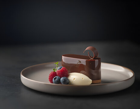 Gourmet Chocolate Mousse Cake with Mirror Glaze, Cream Quenelle, and Fresh Berries