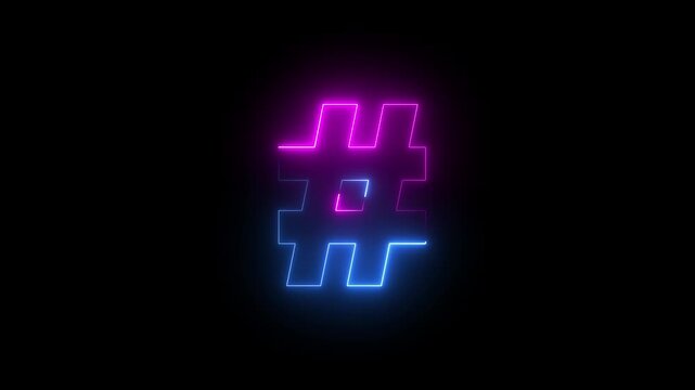 Neon glowing hashtag icon animation on alpha transparent background, neon hashtag icon 4k video